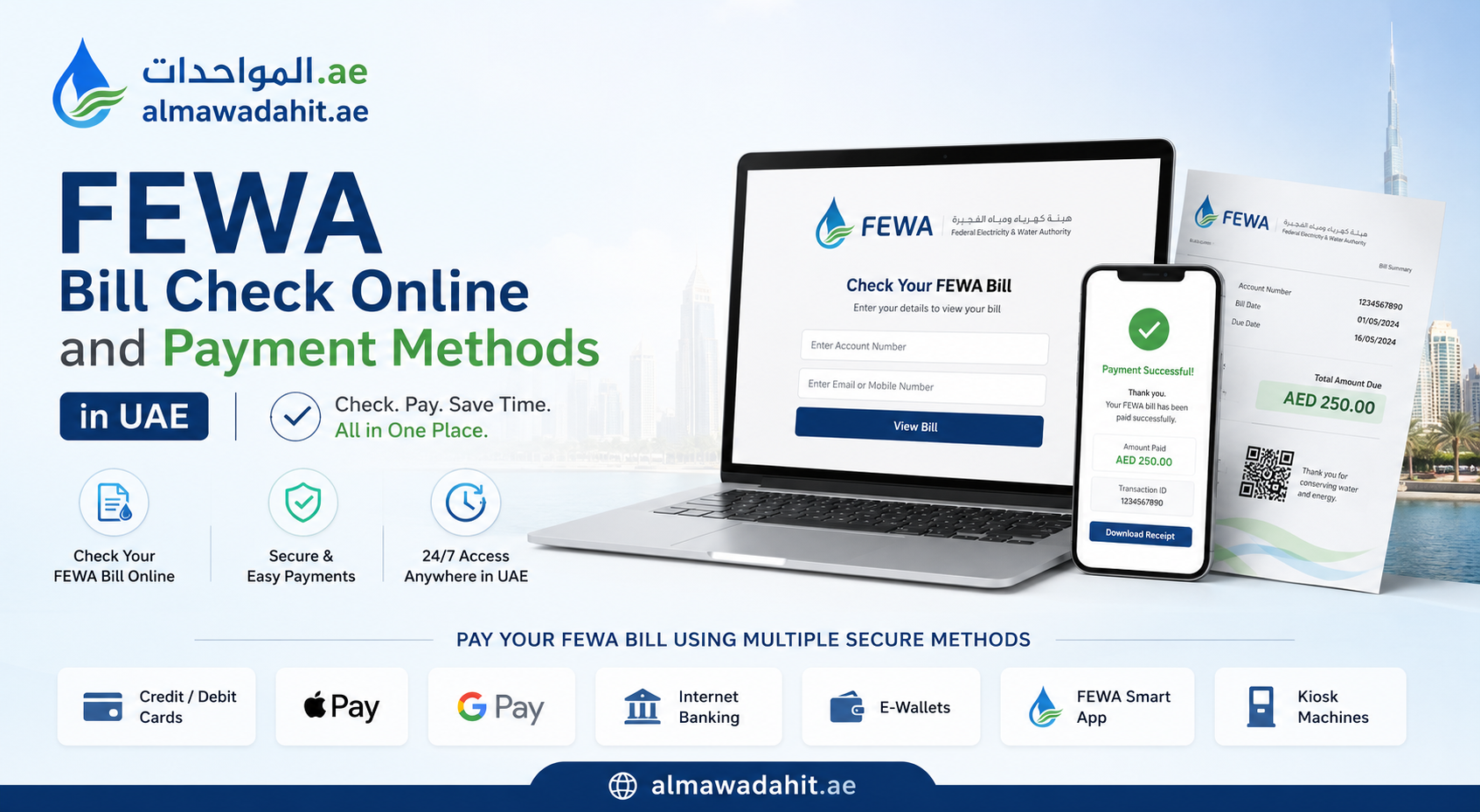 create a image banner for FEWA Bill Check Online and Payment Methods in UAE its for almawadahit.ae also so use it on banner.